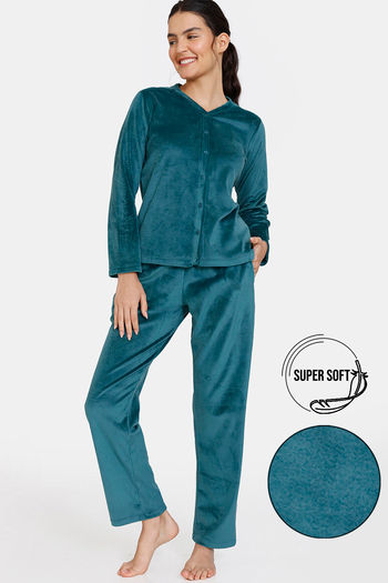 Buy Zivame Velour Knit Poly Pyjama Set - Dark Sea